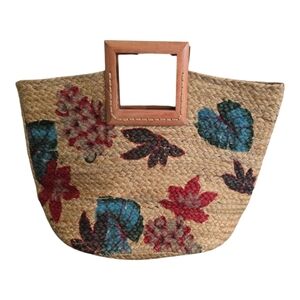 Antik Kraft Floral Printed Boho Jute Tote Square Wood Handles